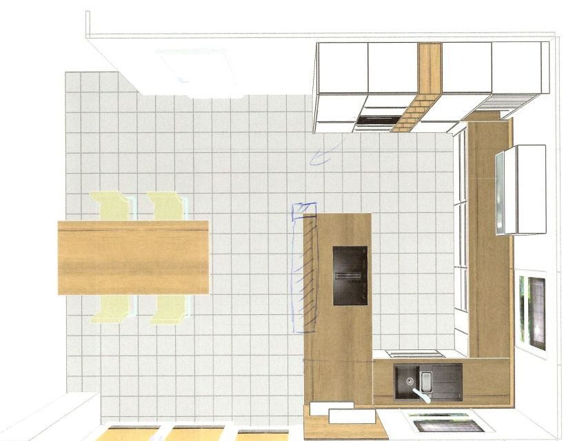 Küchen-Plan von oben: Insel in Mitte, Esstisch links, Schränke rechts.