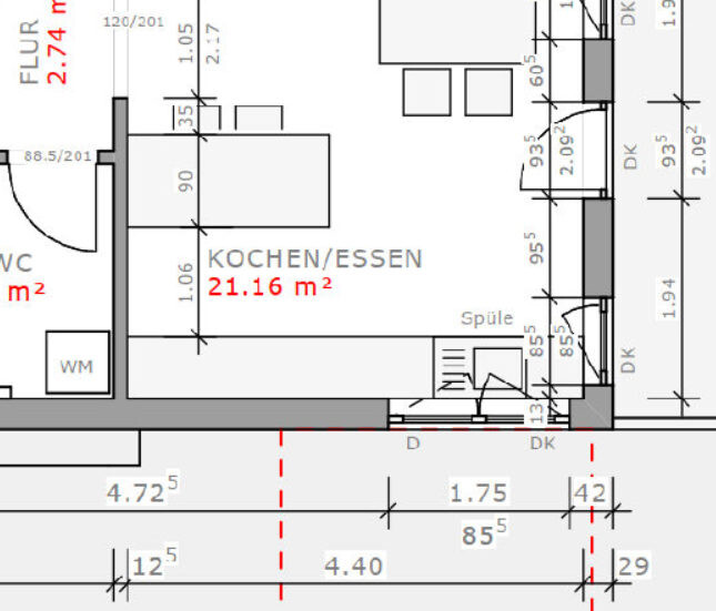 Grundriss des Küchen-/Essbereichs mit Flur und Maßangaben (21.16 m²).