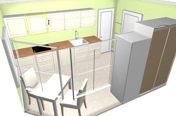 3D-Kuechenrender mit Spuelbecken, Holzplatte, Glasabtrennung und Esstisch.