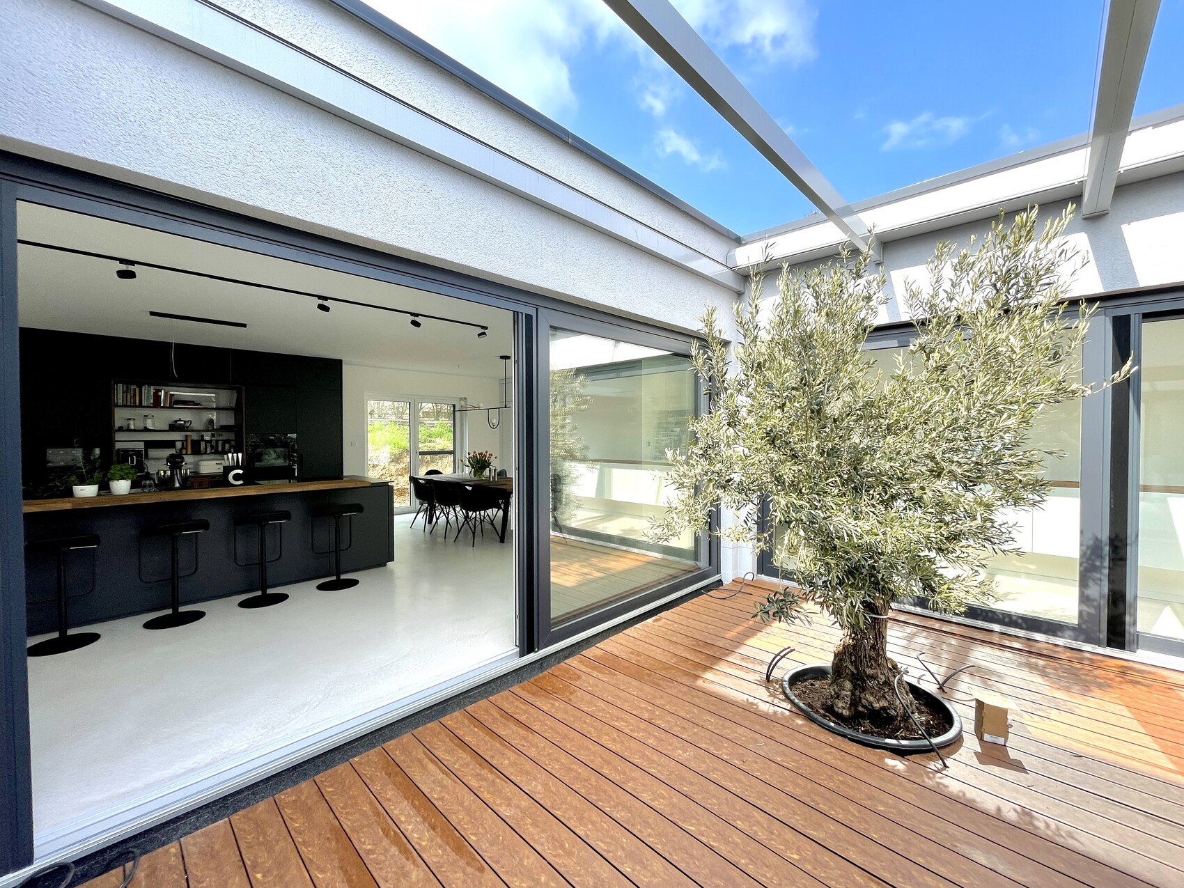 Moderne offene Küche mit dunkler Theke und Barhockern; Glastüren zur Terrasse, Olivenbaum im Topf.