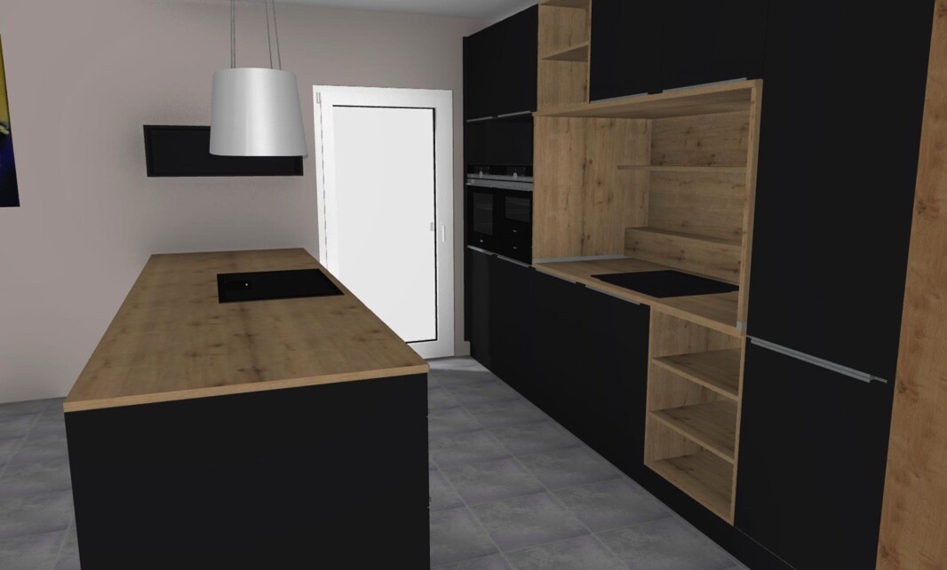 Moderne Küche: schwarze Fronten, Holz-Arbeitsplatten, Insel mit Induktionskochfeld, Ofenwand.