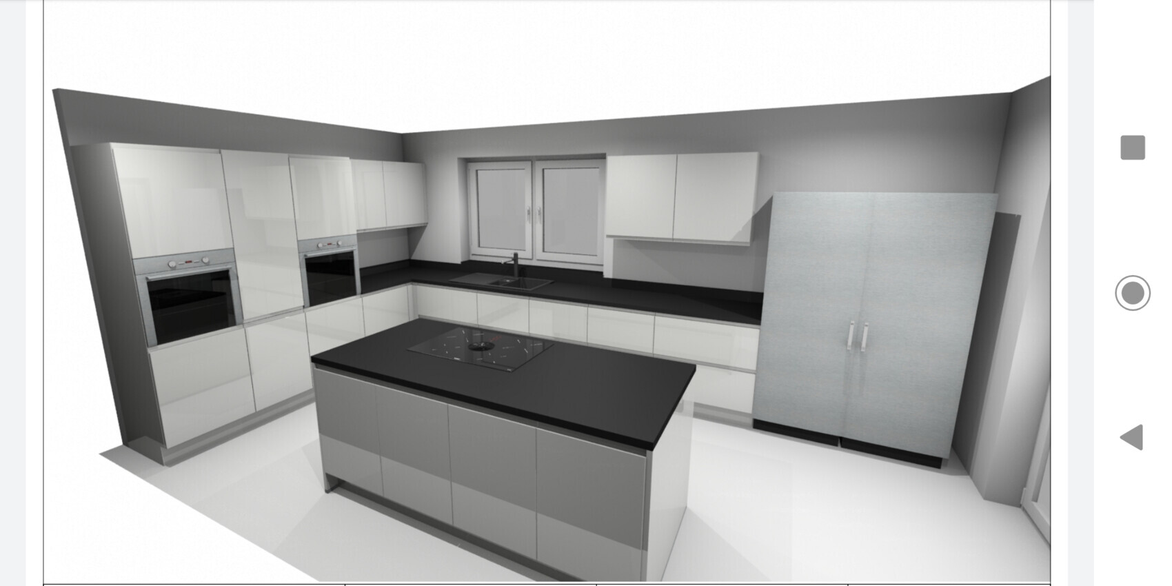 Moderne Küche mit weißen Schränken, schwarzer Arbeitsplatte, Kochinsel, Ofen und Kühlschrank.