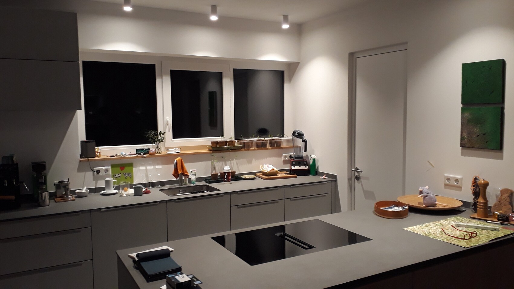 Moderne Küche bei Nacht mit Insel, Spüle, Fensterfront, Mixer und grüner Wandkunst.