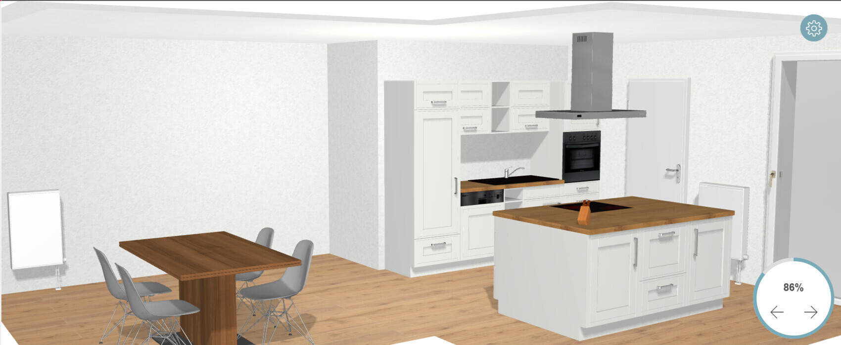Moderne Küche mit weißen Fronten, Kochinsel aus Holz, Backofen und Esstisch mit Stühlen.