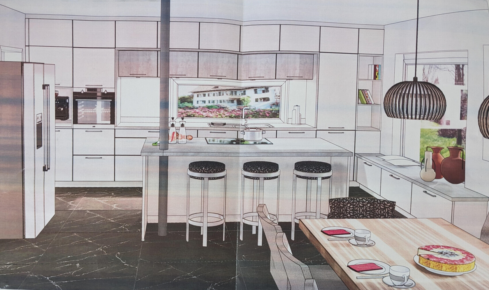 Moderne Küche mit Insel, drei Barhockern, Backofen, Kühlschrank, Spüle, Esstisch mit Kuchen.