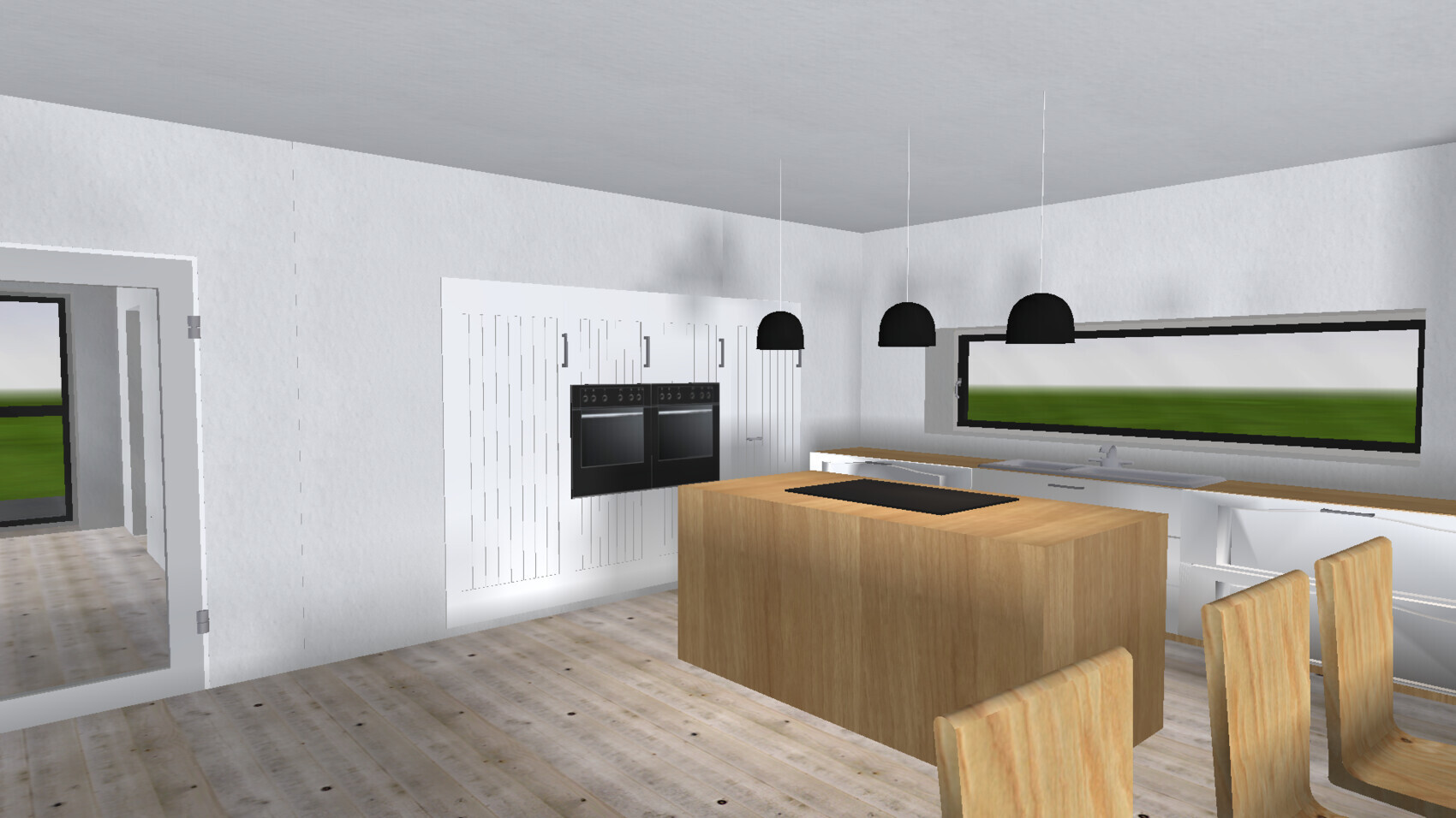 Moderne Küche mit Holzinsel Induktionskochfeld weißen Schränken schwarzen Pendellampen und Fenster