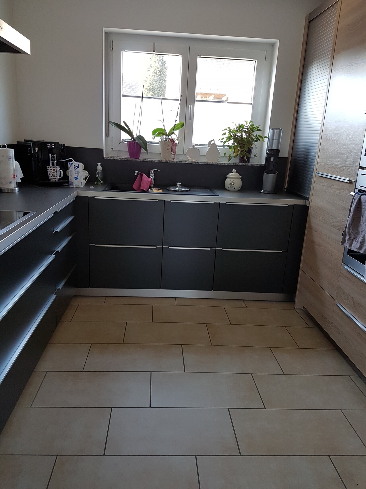 Moderne Küche mit dunklen Fronten, Spüle unter Fenster, Pflanze und Kaffeemaschine.