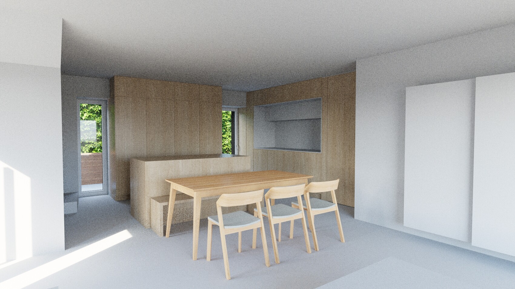 Heller Küchen-Essbereich mit Holz-Tisch, drei Stühlen und Holzwandschränken; Tür zum Balkon.