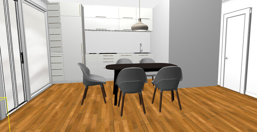 Essbereich mit dunklem Tisch und grauen Stühlen, Küche im Hintergrund, Holzfußboden.