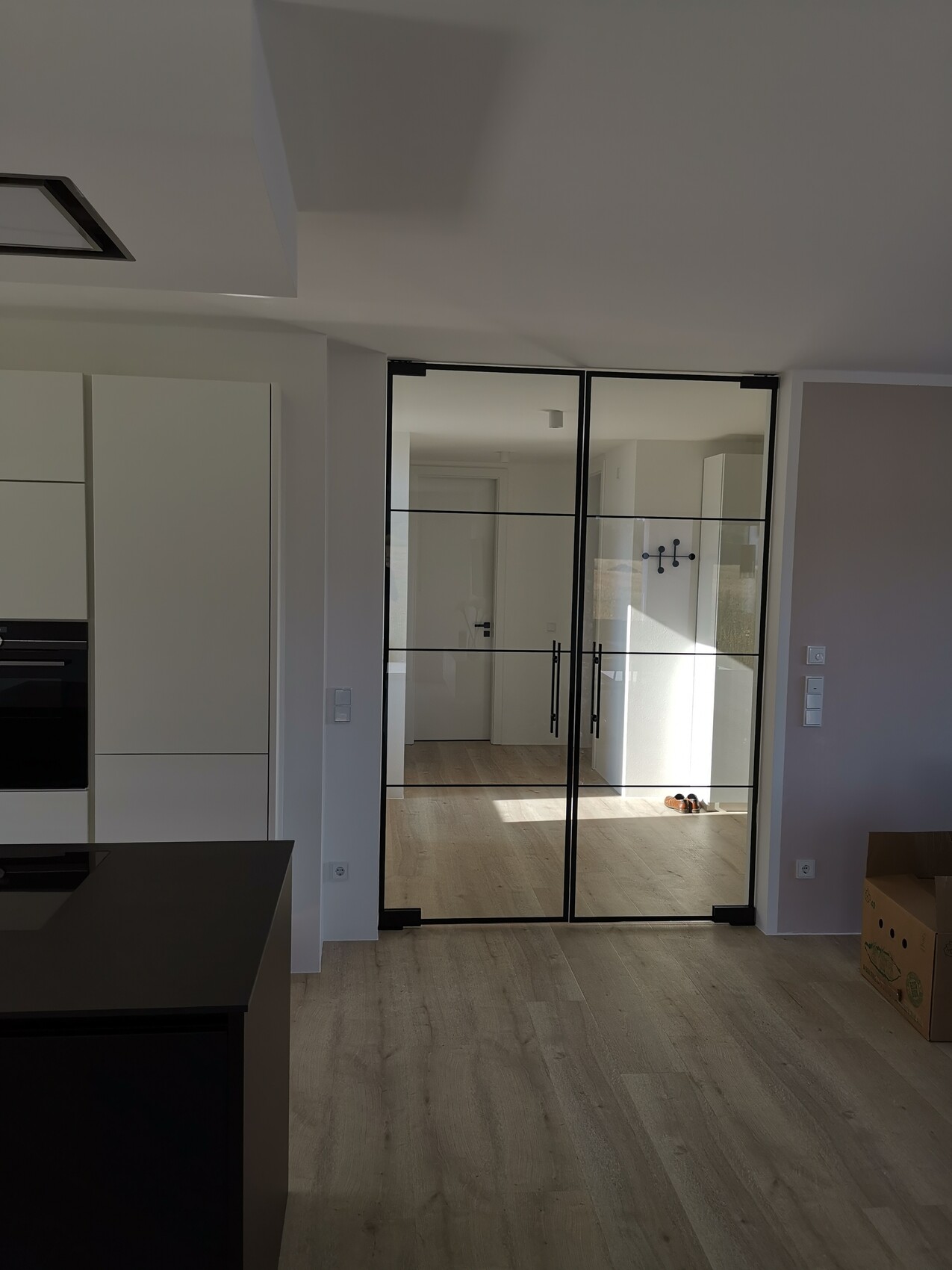 Moderne Küche links, Glas-Schiebetür mit schwarzem Rahmen zum Flur; Holzfußboden, Sonnenlicht.