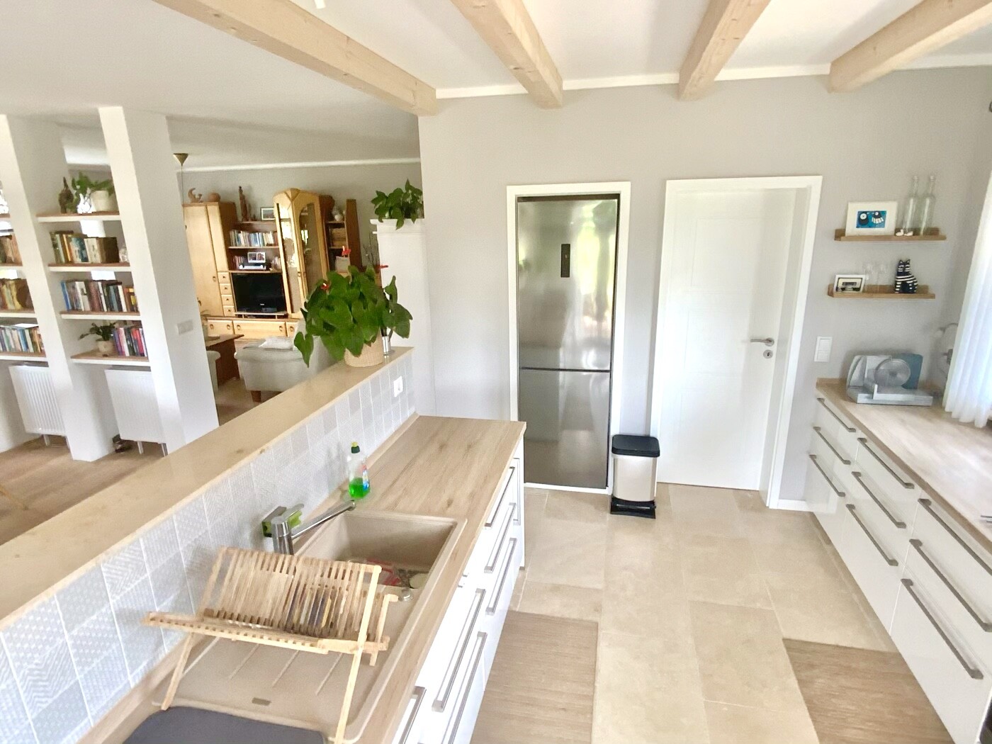 Offene Küche mit Spüle, Kücheninsel, Pflanze, Kühlschrank und Bücherregal im Wohnzimmer.