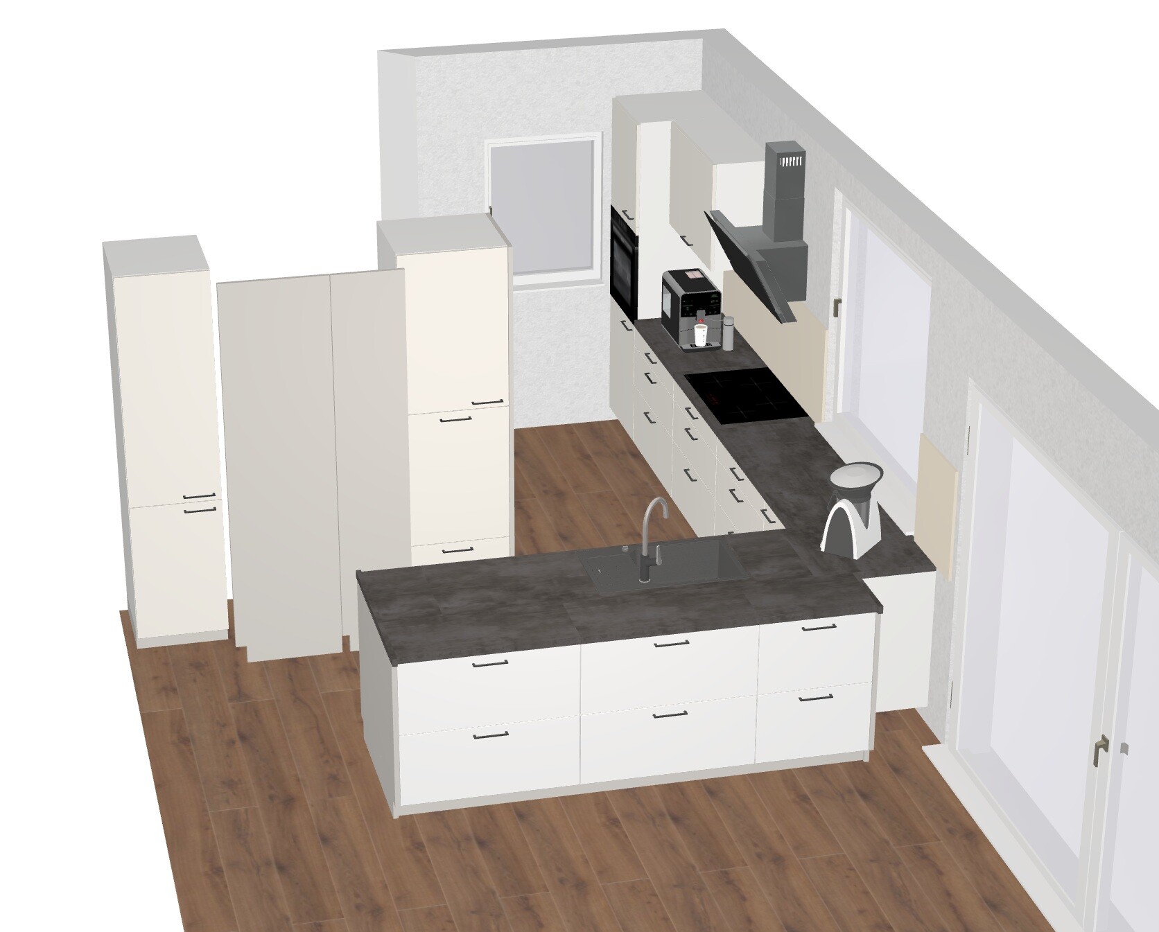 Moderne Küche mit zentraler Insel, Spüle, Ceran-Kochfeld, Dunstabzug und Holzboden.