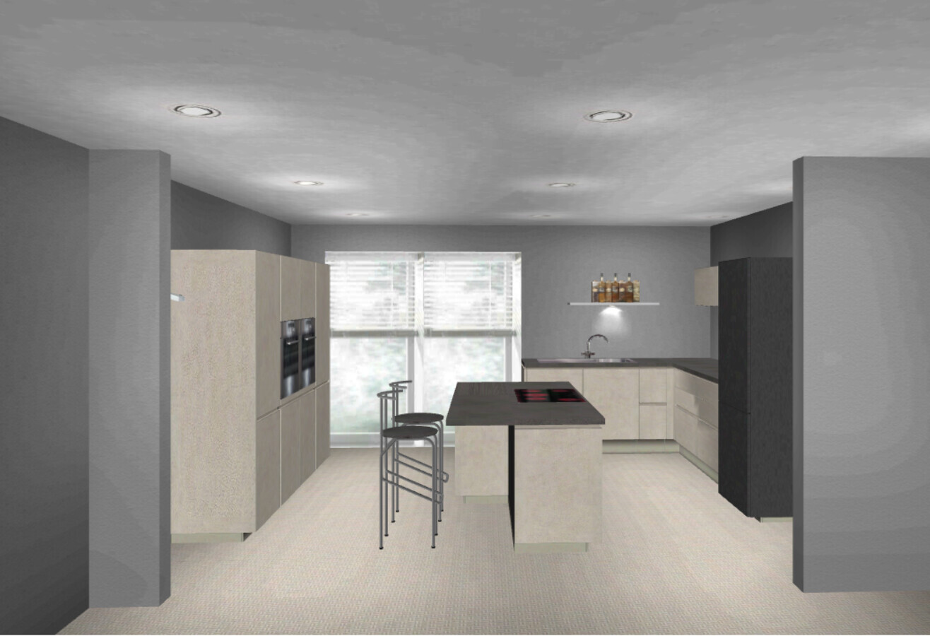 Moderne Küche mit Insel, Barhockern, eingebauten Öfen, Spüle und dunklem Kühlschrank.