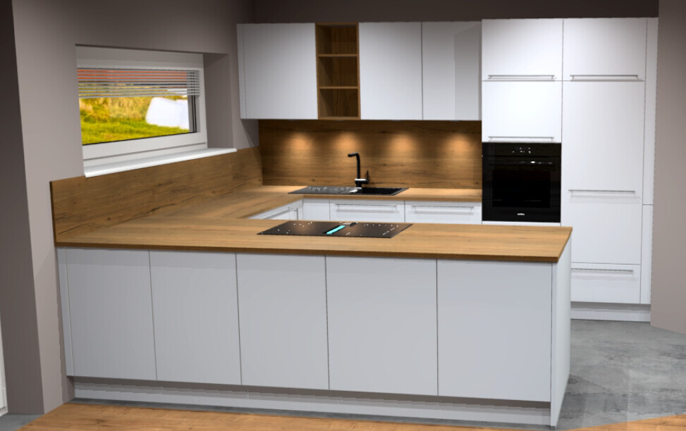 Moderne Küche: weiße Schränke, Holz-Arbeitsplatte, Insel, Spüle, Backofen.