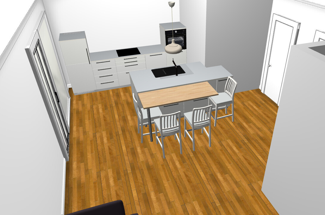 Moderne Küche mit Insel, Holztischaufsatz, Stühle, Herd/Backofen, Spüle, Holzboden