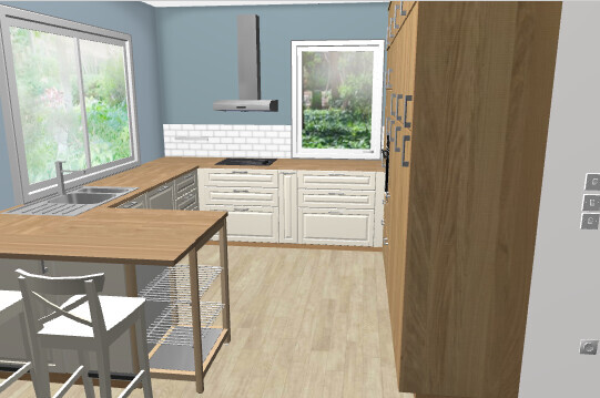 Moderne Küche mit blauer Wand, weißen Schränken, Holzplatten, Insel mit Regal, Dunstabzug.