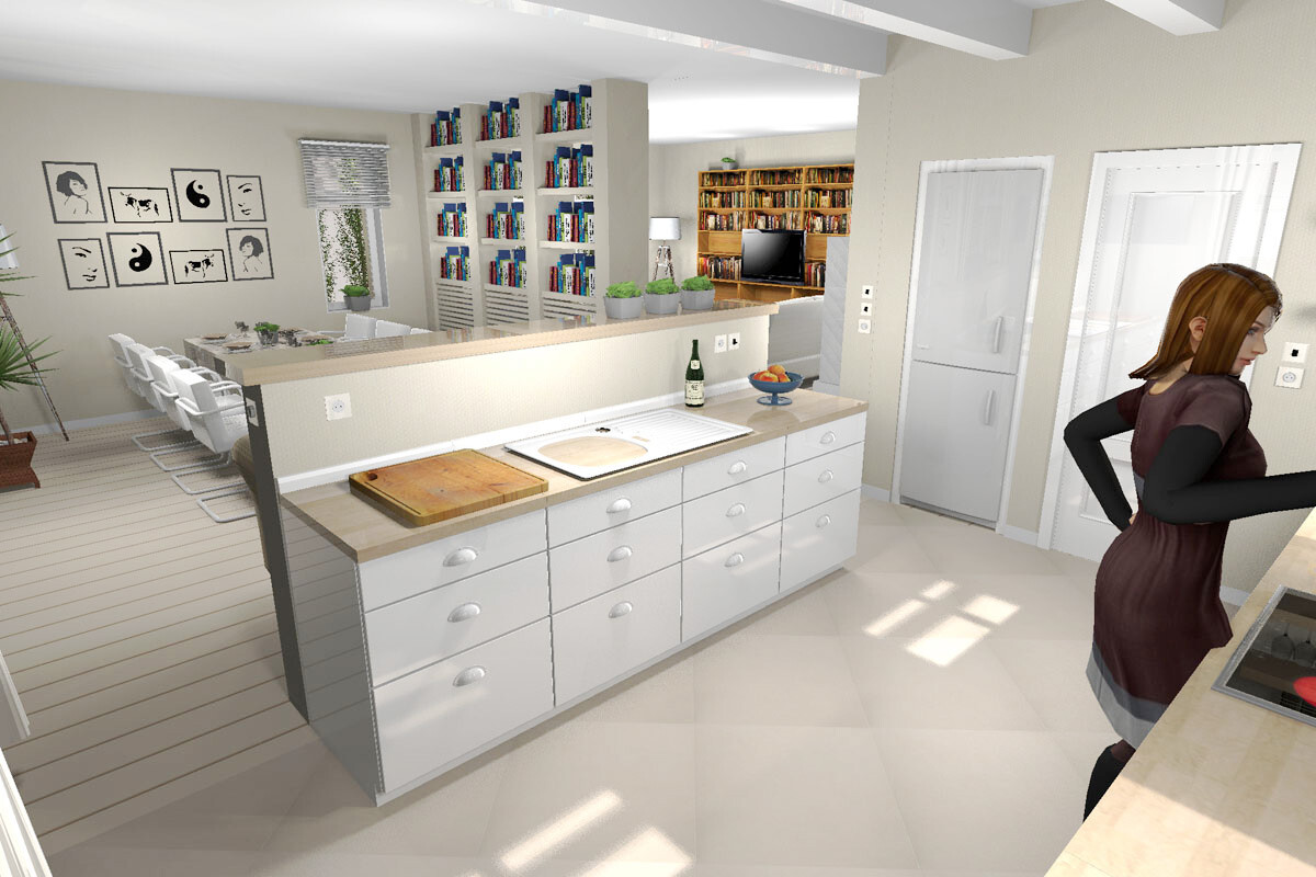 Moderne Küche mit Insel, offener Wohnbereich und Bücherregale im Hintergrund