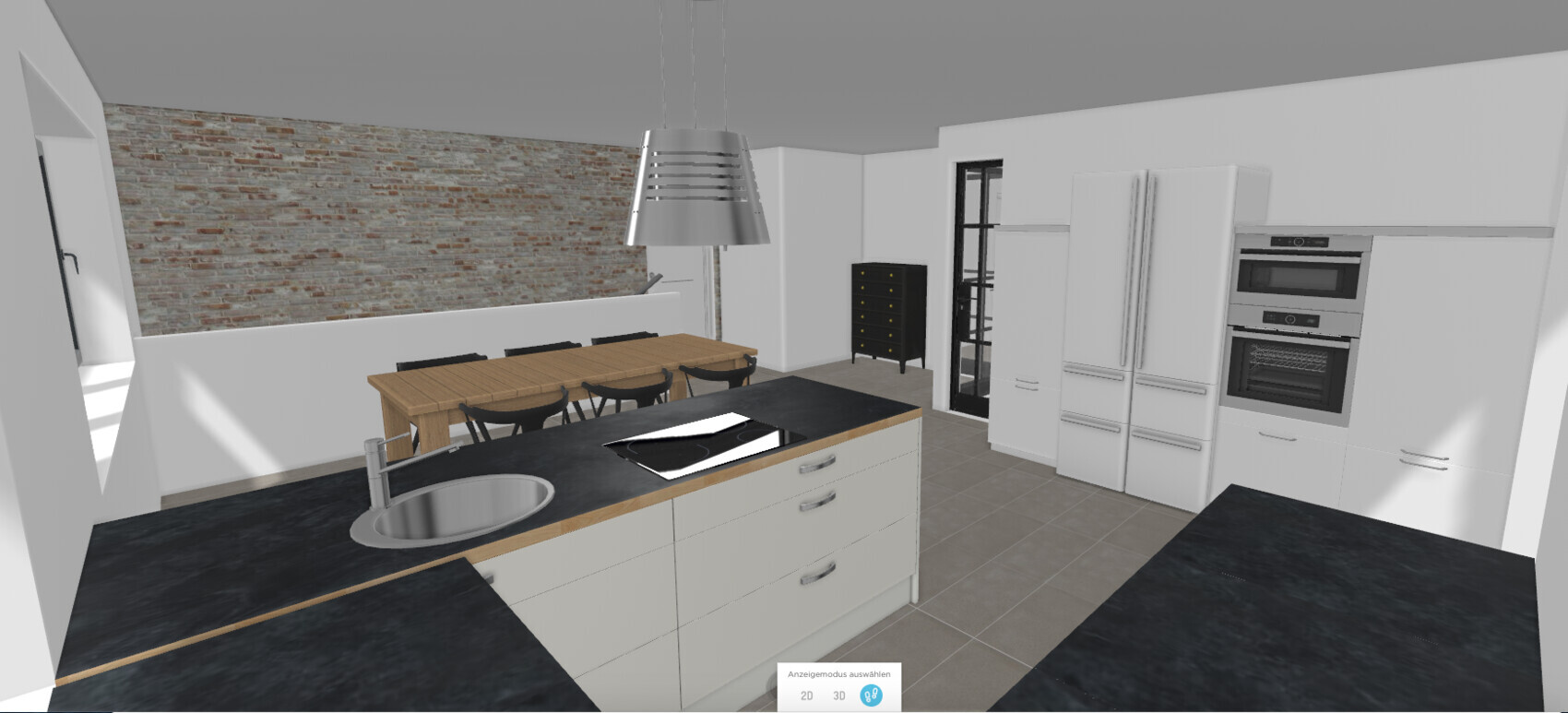 Moderne Küche mit Kochinsel, weißen Schränken, Backöfen, Kühlschrank und Esstisch vor Backsteinwand.