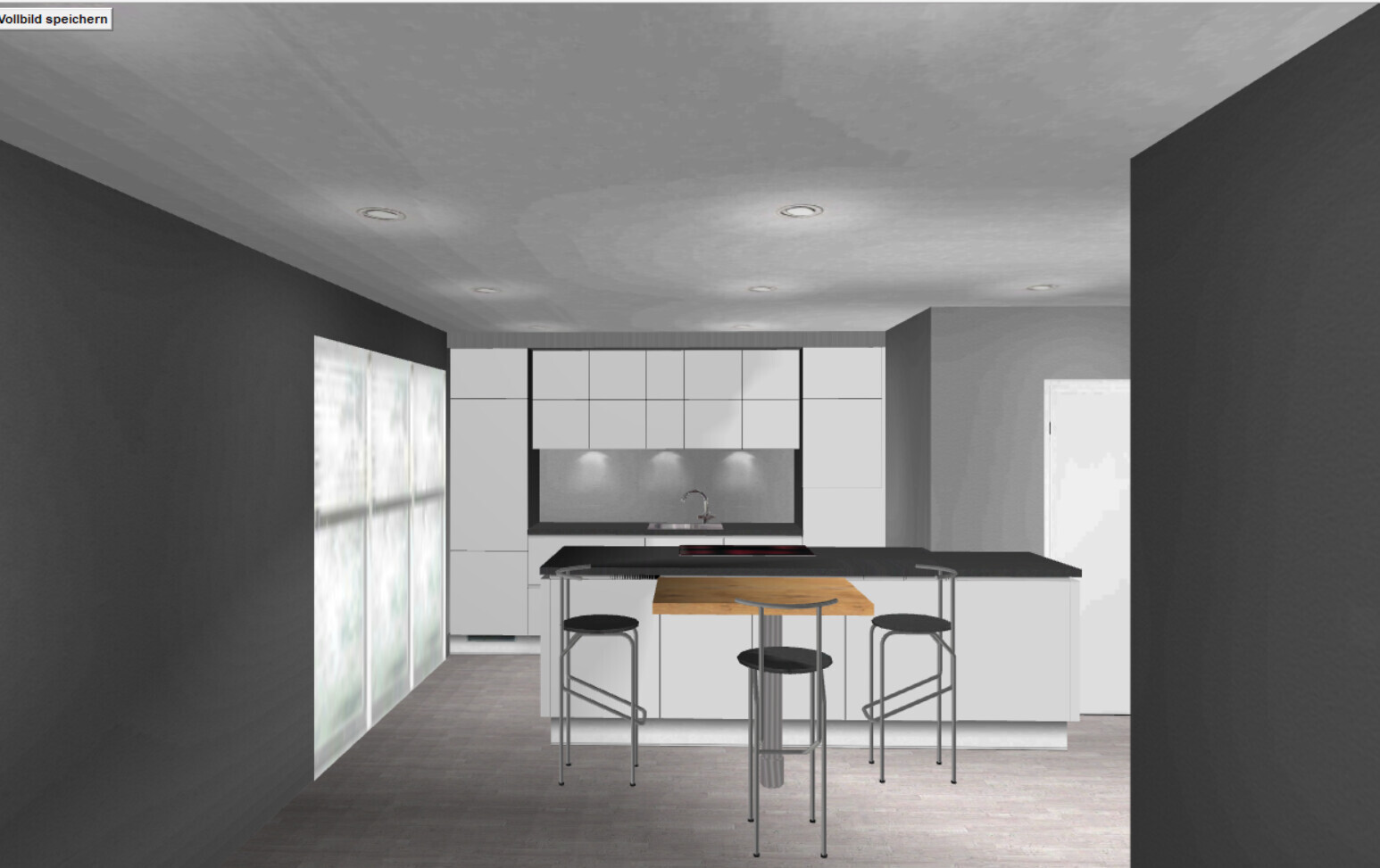 Moderne Küche mit Insel, Holz-Tisch, drei Barhocker, weiße Schränke, dunkle Wände.