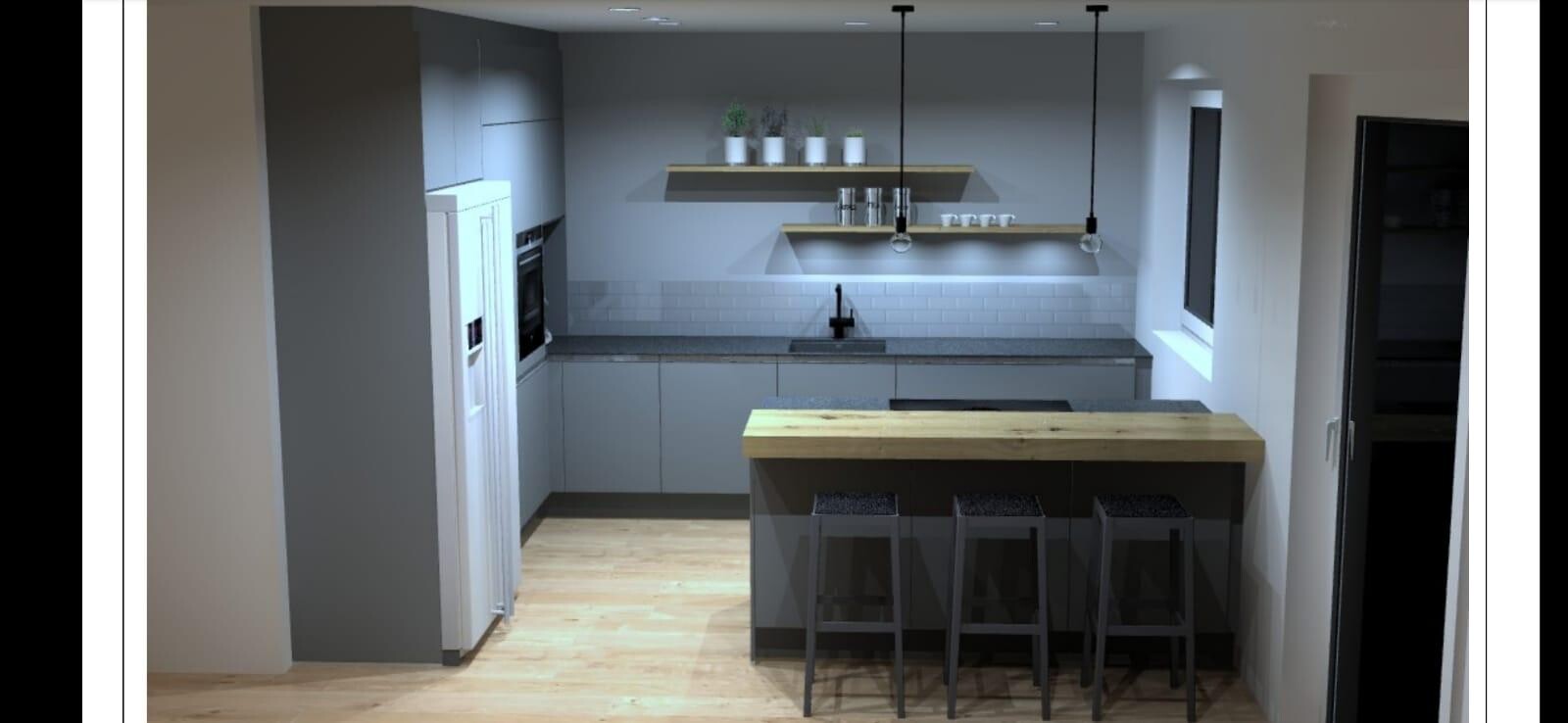 Moderne Küche mit Insel, grauen Schränken, Spüle, Backofen, Kühlschrank und Barhockern.