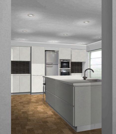 Moderne Küche mit Insel, weißen Fronten, Spüle, und integrierten Geräten.