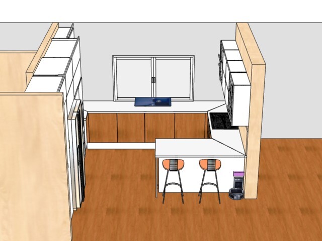Moderne Küche: Insel mit zwei Barhockern, Holzschränke, Herd, Kühlschrank links, Fenster.