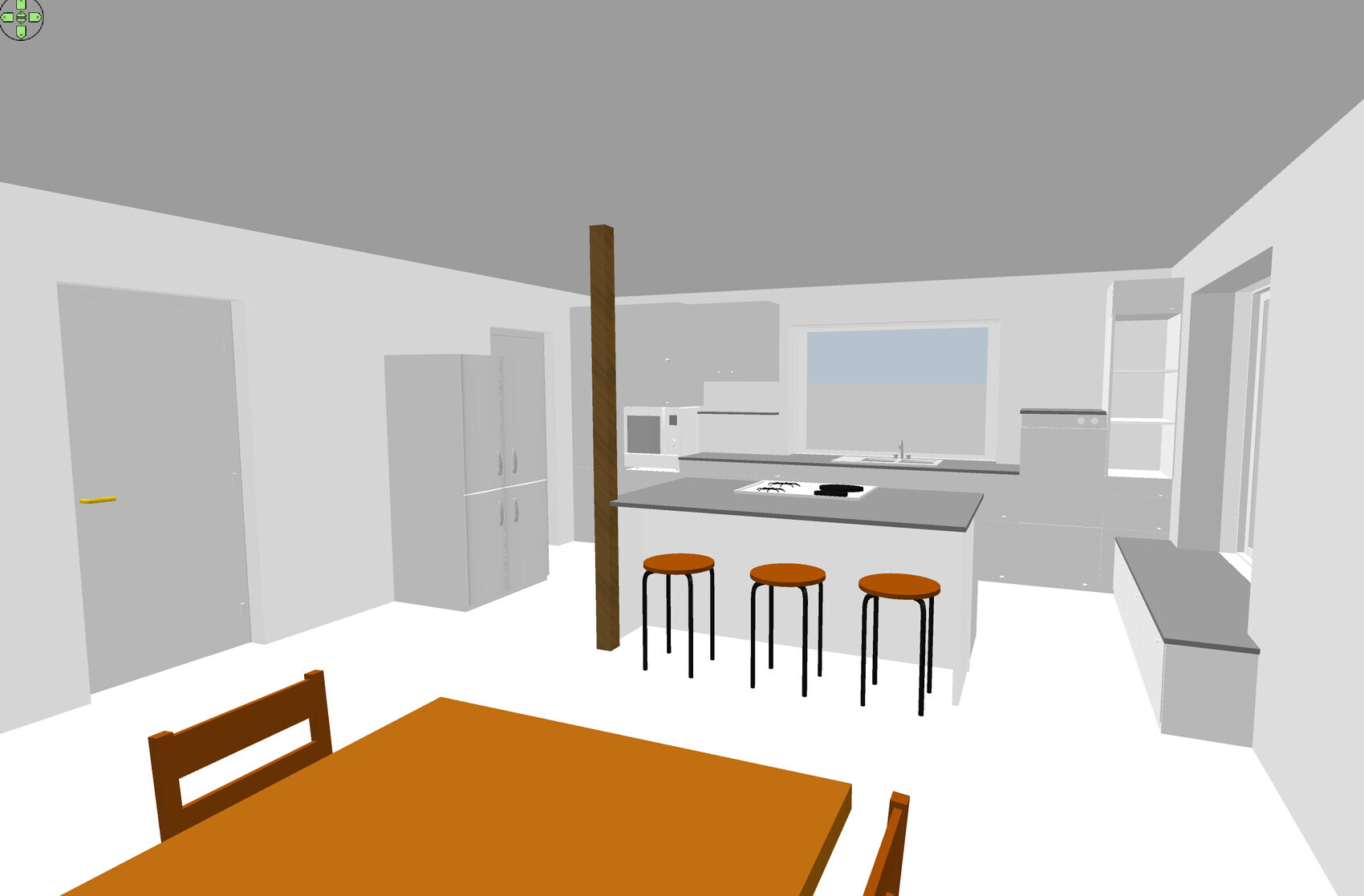 Moderne Küche mit Kochinsel, drei orange Barhocker, Holzsäule und Tisch im Vordergrund.