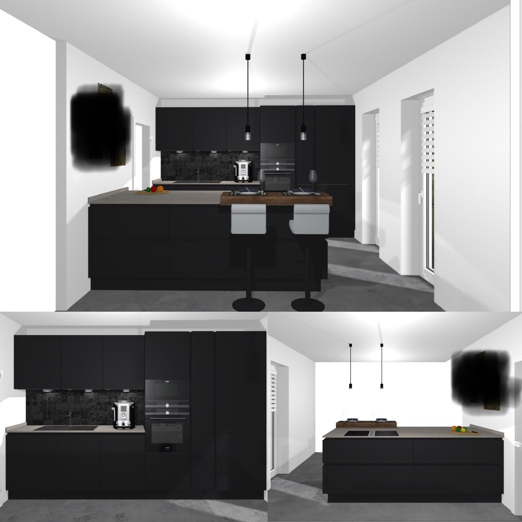 Moderne schwarze Küche mit Insel, Barhockern, Pendelleuchten, Kaffeemaschine, Backofen und Mikrowelle.