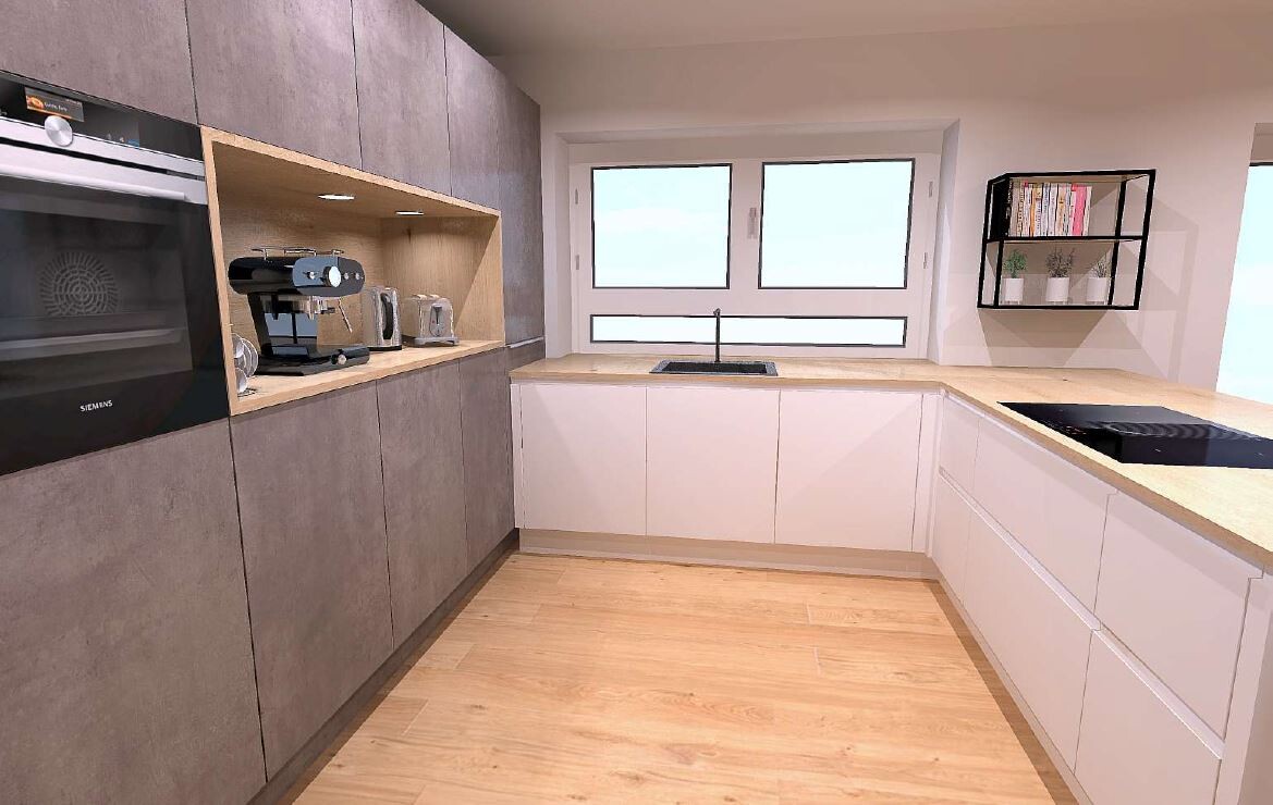 Moderne Küche mit grauen Hochschränken, Backofen, Kaffeemaschine, Spüle unter Fenster.