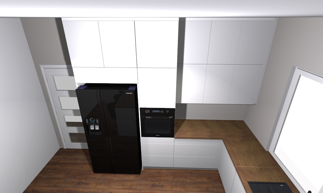 Moderne Küche mit weißen Oberschränken, schwarzem Kühlschrank, Einbauofen und Holzarbeitsplatte.