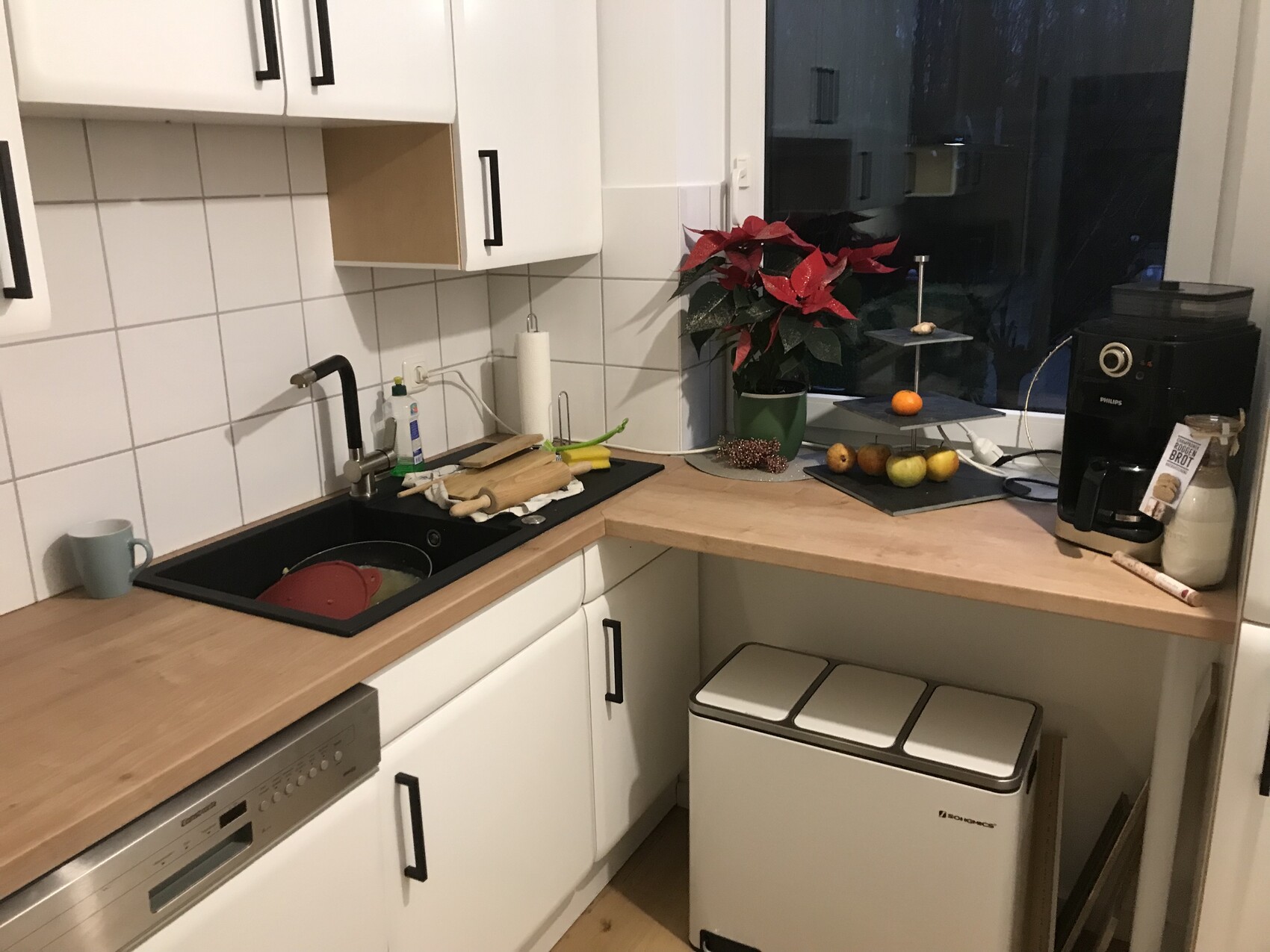 Küche mit Spüle, Obst auf der Arbeitsplatte, rote Weihnachtssternpflanze und Kaffeemaschine am Fenster.