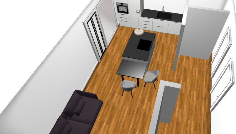 Offene Küche mit Insel, Esstisch und Stühlen, Sofa auf Holzfußboden.