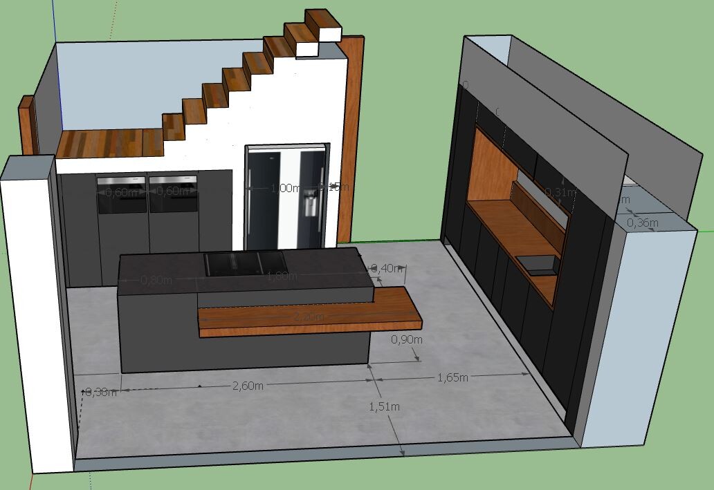 3D-Ansicht moderner Küche mit Insel, dunklen Schränken und Treppe im Hintergrund