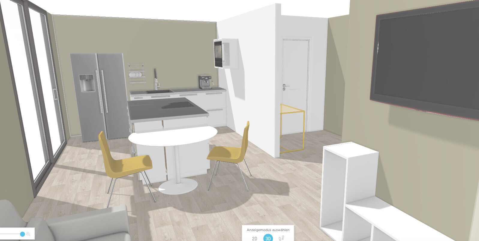 3D-Render einer offenen Küche mit Insel, Esstisch und TV-Wand im Wohnzimmer