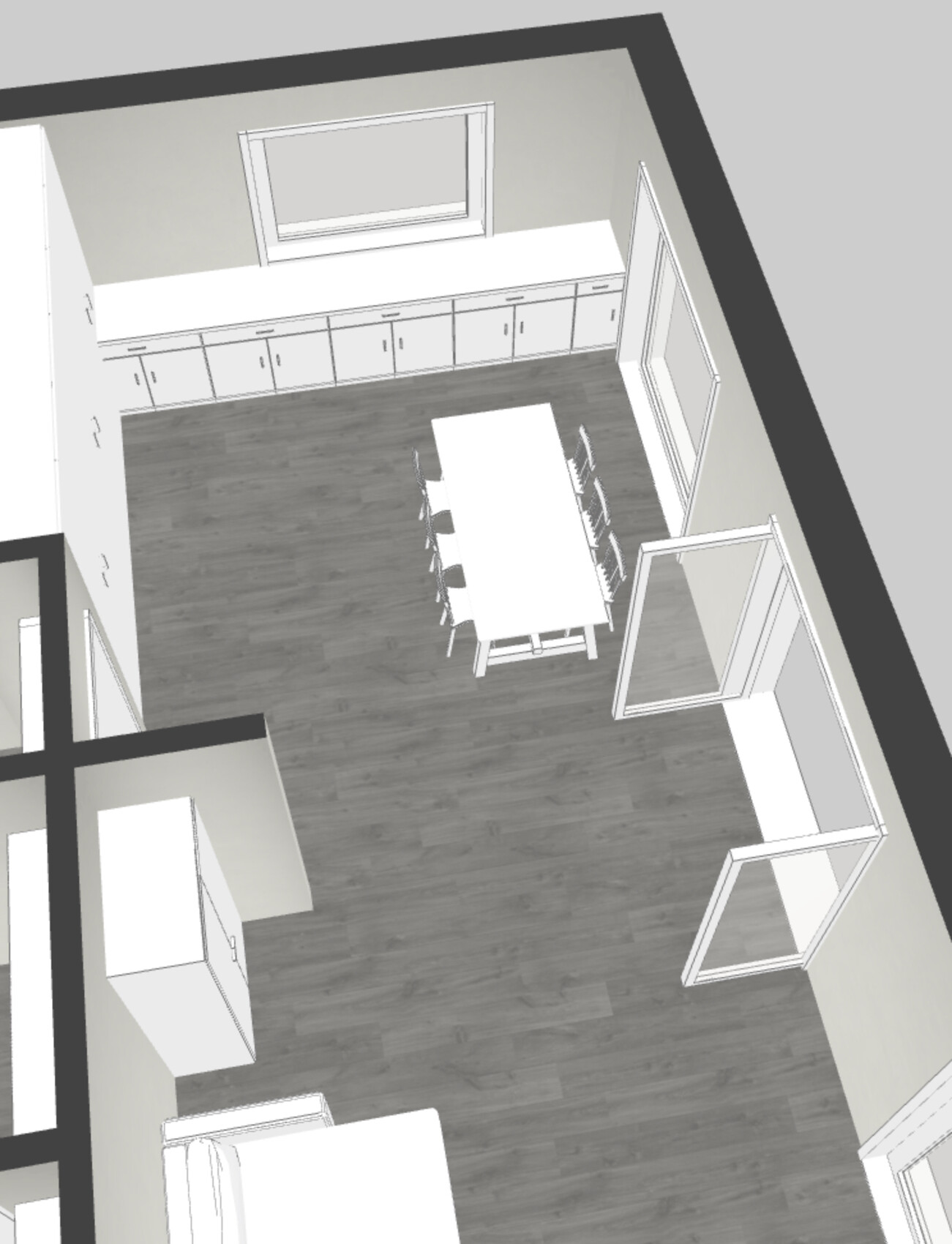 3D-Ansicht einer Küche mit langem Küchenblock, Fenster und Esstisch mit sechs Stühlen.