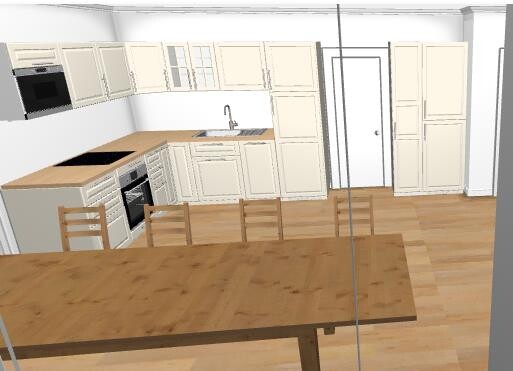 3D-Küche mit beigen Schränken, Holzfußboden und Esstisch im Essbereich
