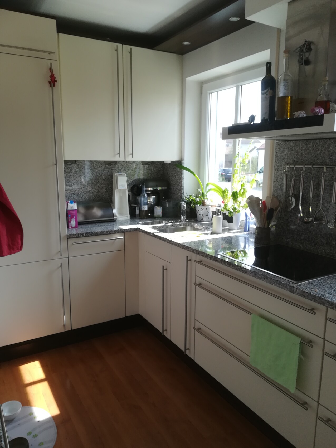 Moderne Küche mit weißen Schränken, Granitplatten, Spüle, Herd, Fenster und Pflanzen.