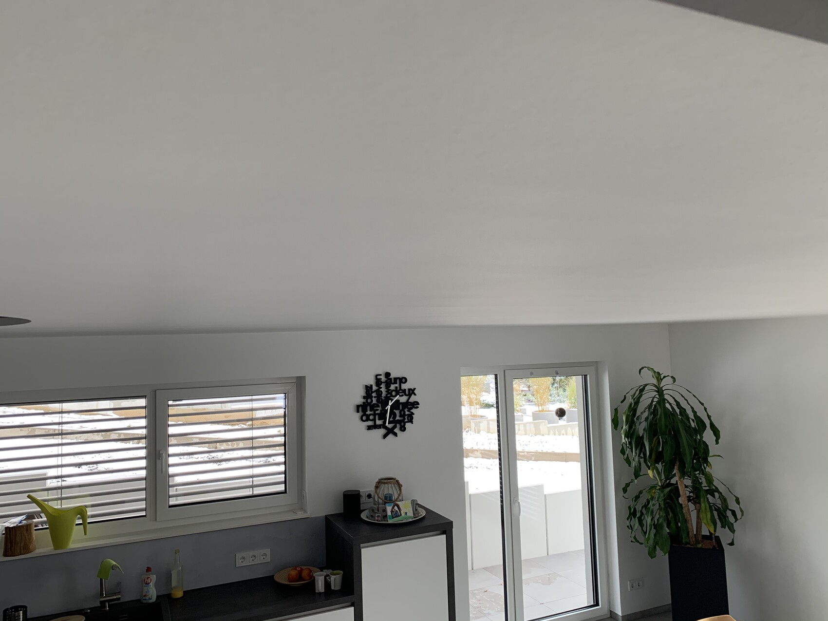 Helle Küche mit großen Fenstern, Glastür zum Balkon, grüne Zimmerpflanze und Küchenzeile.