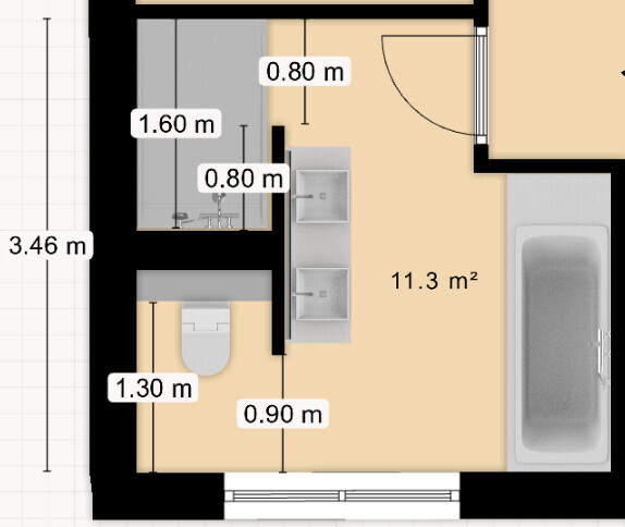 Grundriss eines offenen Raums mit Bad: Toilette, Doppelwaschbecken, Badewanne, 11,3 m².