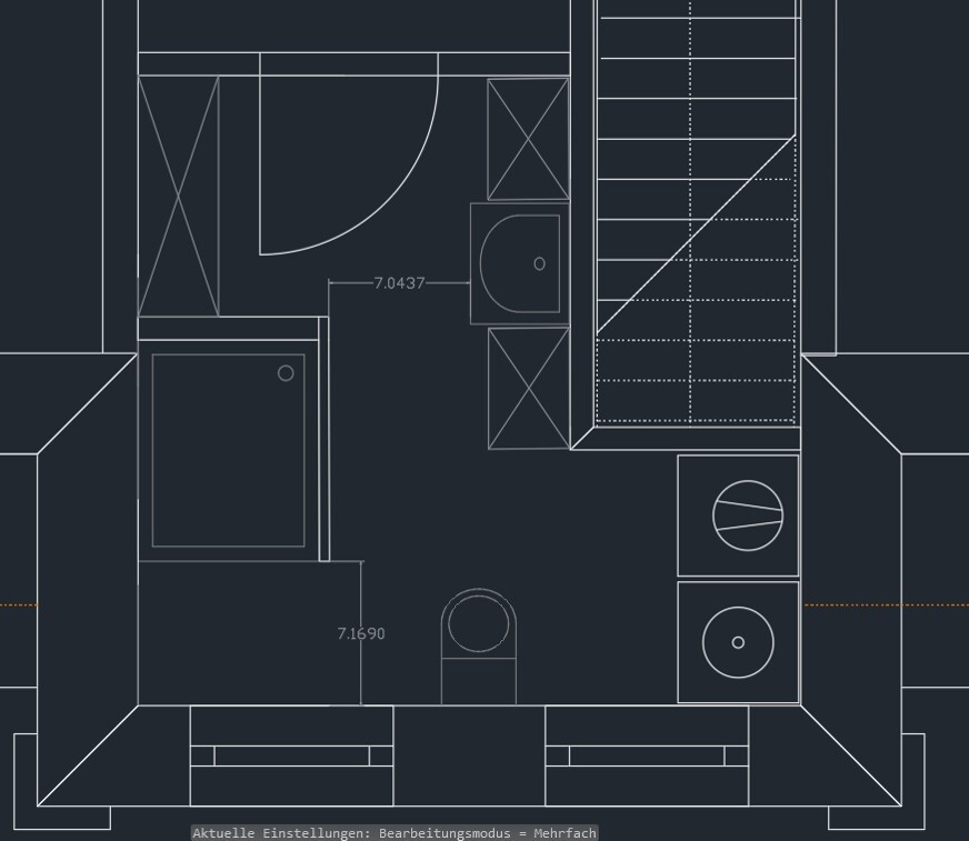 CAD-Grundriss einer Küche mit Spüle, Herd und Arbeitsflächen.