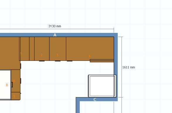 Grundriss einer Küche: braune Schränke entlang Wand A, weiße Quadratbox nahe Wand C.
