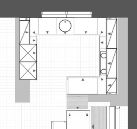 Grundriss einer Küche mit zentraler Insel und umlaufenden Schränken/Arbeitsflächen