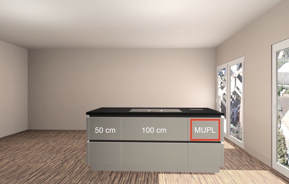 Moderne Kücheninsel in hellem Raum mit Holzboden und großen Fenstern, 3D-Render