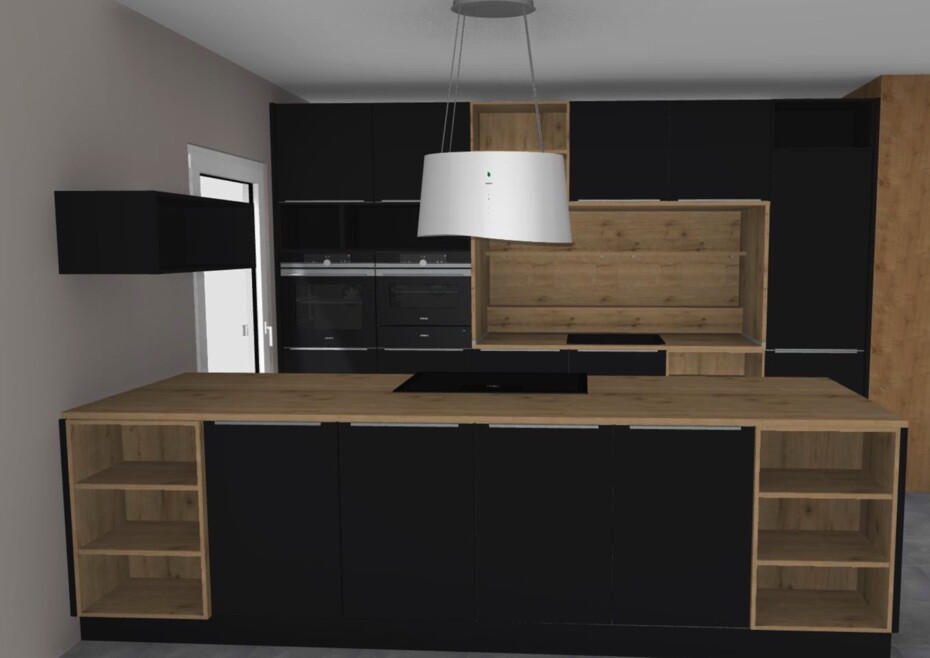 Moderne Küche mit schwarzen Fronten, Holz-Arbeitsplatte und Kücheninsel, Hängeleuchte darüber.