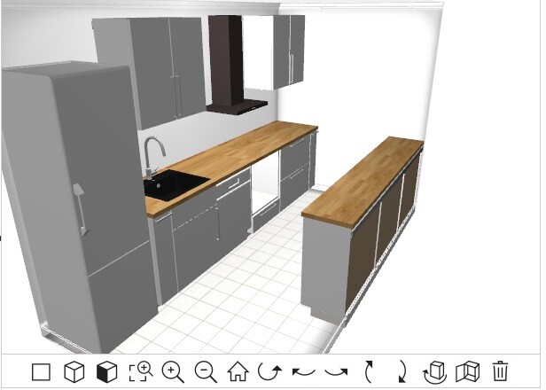 3D-Render einer modernen Küche mit grauen Schränken, Holz-Arbeitsplatten und Insel