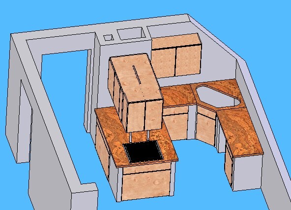 3D-Küchenlayout mit Insel, Schränken und Holz-Arbeitsplatten vor blauem Hintergrund