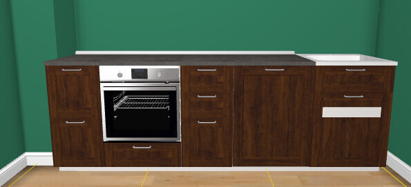 Moderne Küche mit dunkelbraunen Holzschränken, Einbauofen und grün gestrichener Wand.