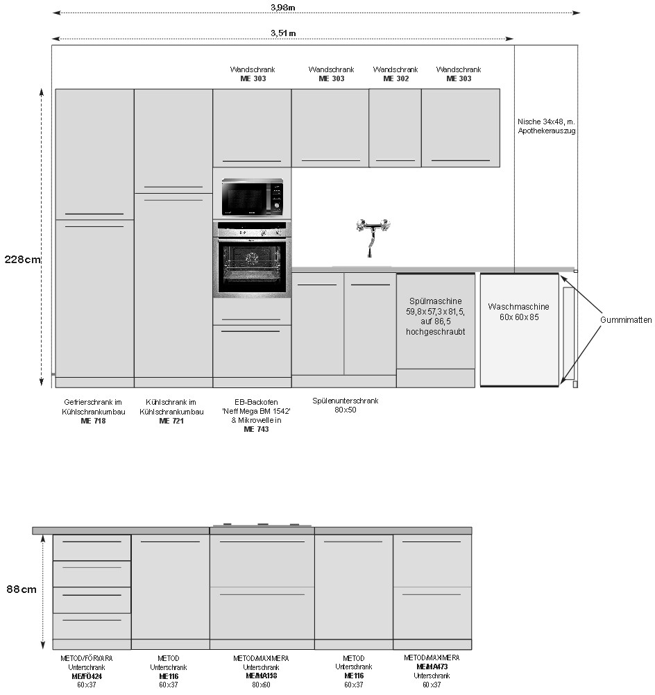 Küchen-Grundriss mit Oberschränken, Spüle, Ofen, Mikrowelle, Spülmaschine und Waschmaschine.