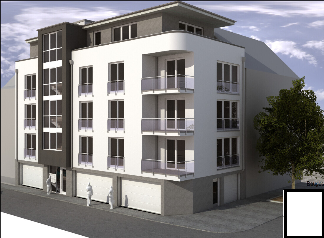 Modernes Mehrfamilienhaus mit weißer Fassade, Balkonen und Garagen im Erdgeschoss.