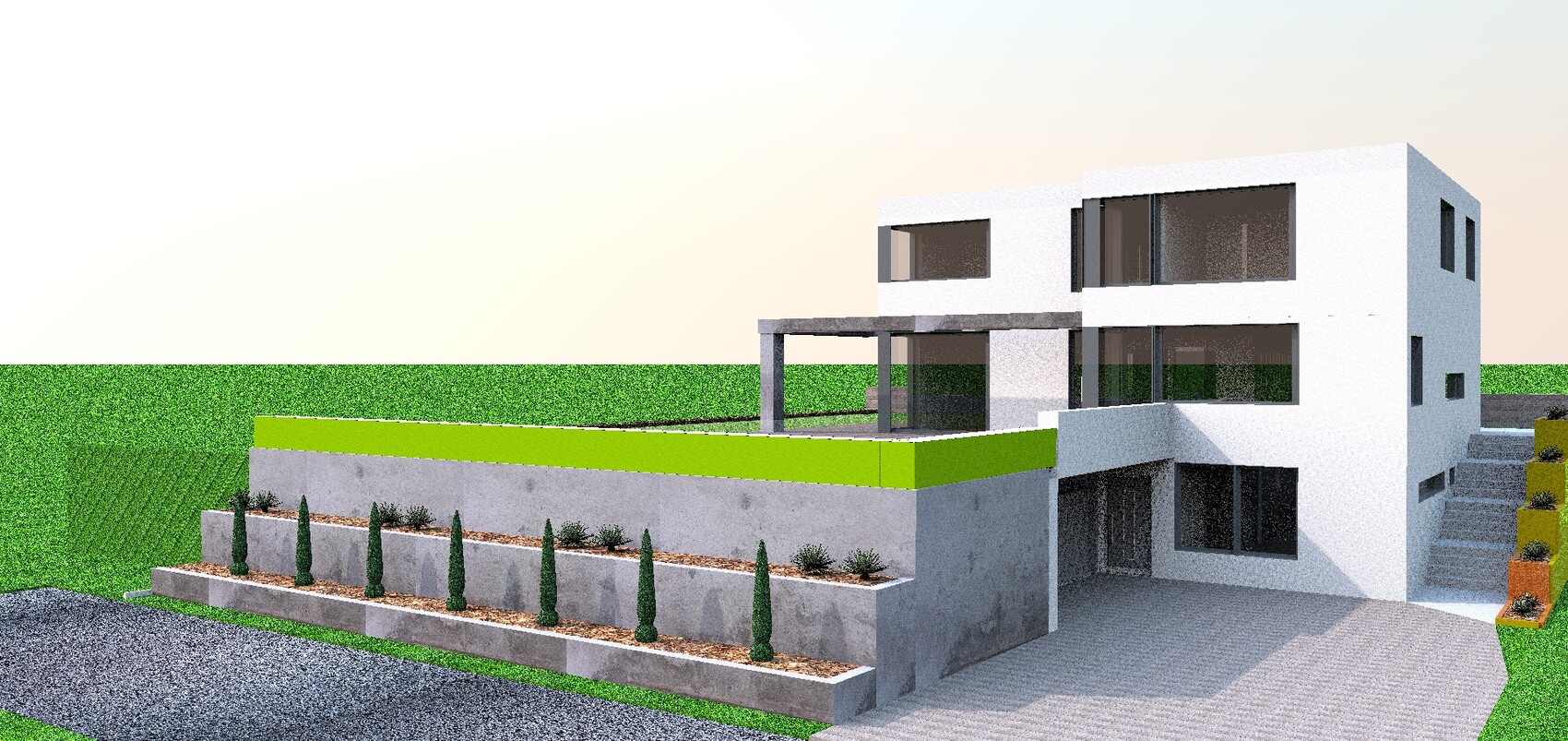 Modernes, zweistöckiges, weißes Haus mit großen Glasfenstern, Terrasse und Treppenstufen.